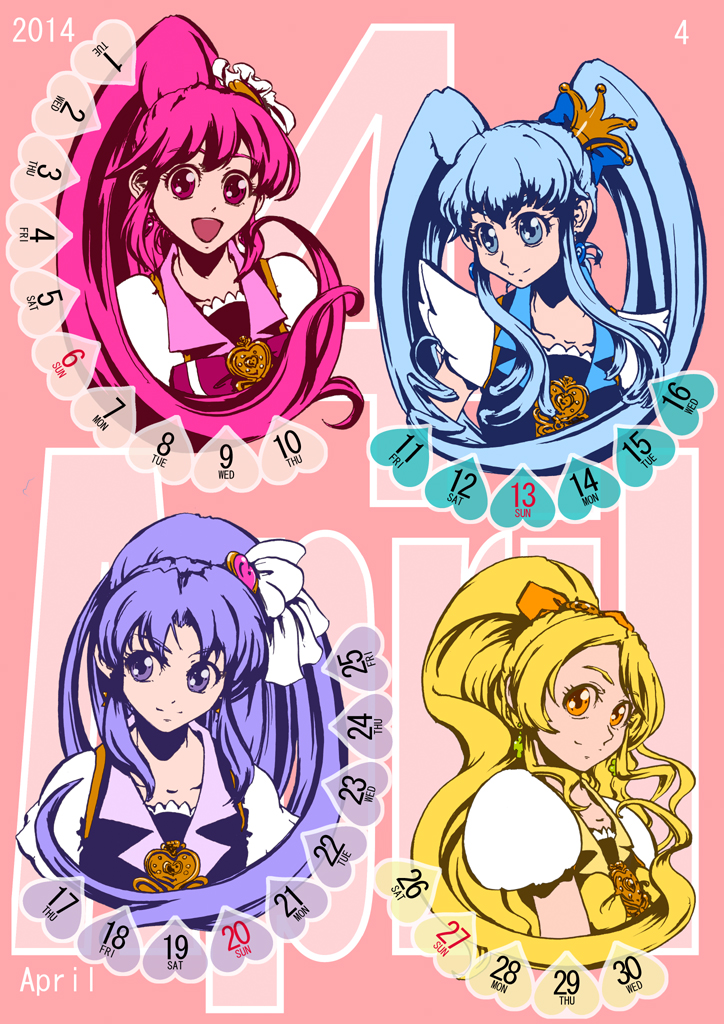 4girls aino_megumi april blonde_hair blue_eyes blue_hair bow bowtie brooch calendar crown cure_fortune cure_honey cure_lovely cure_princess hair_bow hair_ornament happinesscharge_precure! heart_hair_ornament hikawa_iona jewelry long_hair magical_girl mini_crown multiple_girls oomori_yuuko orange_eyes payot pink_background pink_eyes pink_hair ponytail precure puffy_sleeves purple_hair shirayuki_hime smile supe_(yuusyasupepen) twintails violet_eyes