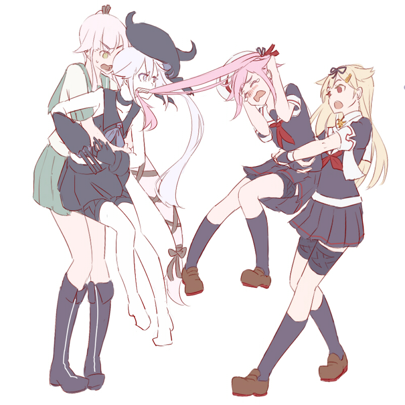 4girls bare_legs beret blonde_hair boots cannon carrying destroyer_hime fingerless_gloves gloves green_eyes hair_flaps hair_in_mouth hair_ornament hair_ribbon hairclip harusame_(kantai_collection) hat kantai_collection kneehighs long_hair mikeco multiple_girls neckerchief pale_skin pink_hair pleated_skirt purple_hair red_eyes ribbon school_uniform serafuku shoes side_ponytail skirt sleeveless sweatdrop tears tied_hair turret very_long_hair white_hair yura_(kantai_collection) yuudachi_(kantai_collection)