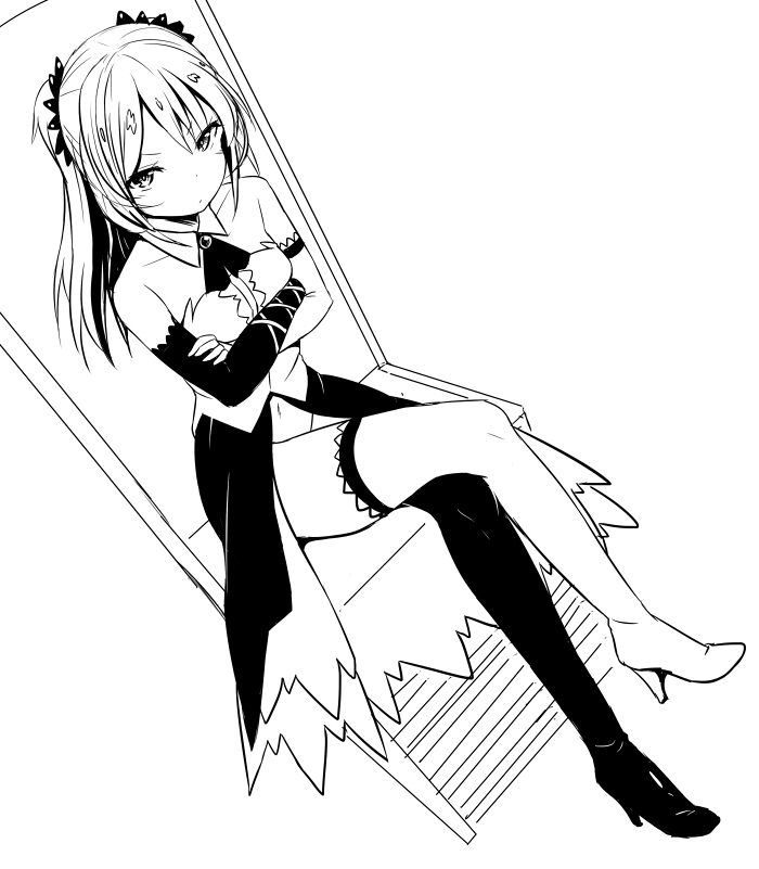 1girl crossed_arms crossed_legs greyscale long_hair mismatched_footwear monochrome navel simple_background sitting solo thighhighs white_background zaxwu