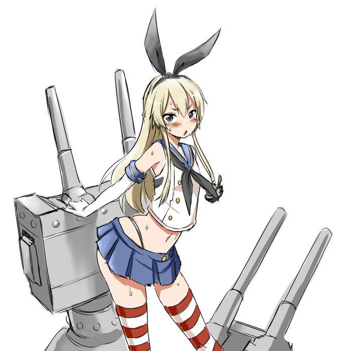 1girl blonde_hair blush elbow_gloves gloves kantai_collection long_hair looking_at_viewer navel shimakaze_(kantai_collection) simple_background skirt solo striped striped_legwear thighhighs white_background zaxwu