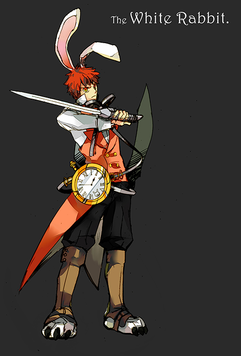 1boy alice_in_wonderland animal_ears clock cosplay crimo emiya_shirou fate/stay_night fate_(series) paw_shoes rabbit_ears red_eyes redhead reverse_grip solo sword weapon white_rabbit white_rabbit_(cosplay)