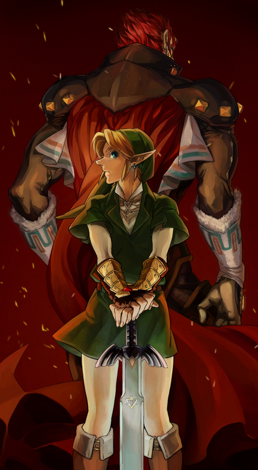 2boys back-to-back blonde_hair blue_eyes boots cape copyright_request earrings fingerless_gloves ganondorf gloves hat height_difference highres irohaniwoedotirinuruwo jewelry link looking_at_viewer male master_sword multiple_boys redhead size_difference sword tagme the_legend_of_zelda weapon