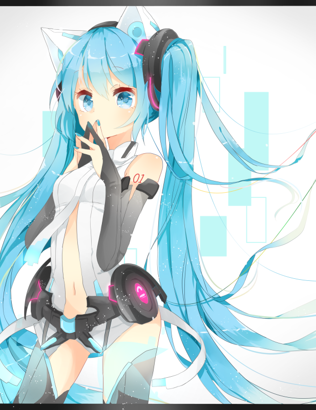 1girl animal_ears blue_eyes blue_hair bridal_gauntlets cat_ears center_opening hatsune_miku jimmy letterboxed long_hair miku_append nail_polish navel necktie solo thighhighs twintails very_long_hair vocaloid vocaloid_append