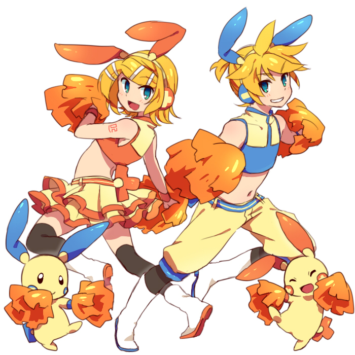 1boy 1girl :d animal_ears bare_shoulders belt black_legwear cheerleader fake_animal_ears kagamine_len kagamine_rin kneehighs looking_at_viewer minun navel open_mouth plusle pokemon pokemon_(creature) pom_poms reki_(arequa) simple_background sleeveless smile vocaloid