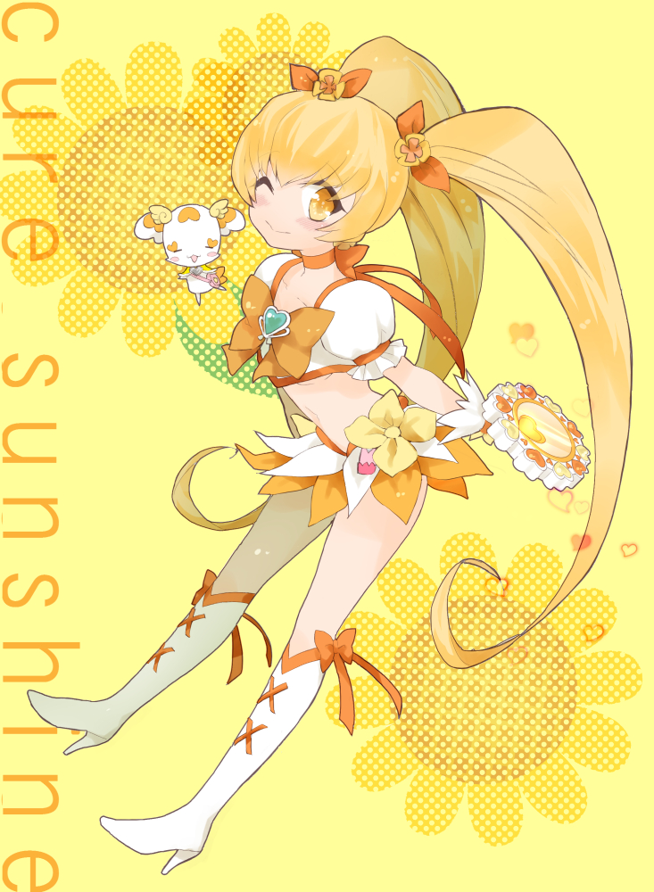 1girl blonde_hair blush boots character_name choker cure_sunshine english eyelashes flower hair_ornament hair_ribbon happy heartcatch_precure! high_heels knee_boots kneehighs lacolon long_hair looking_at_viewer magical_girl midriff myoudouin_itsuki navel potpourri_(heartcatch_precure!) precure puffy_sleeves ribbon shirt skirt smile solo sunflower twintails wink wrist_cuffs yellow_background yellow_eyes