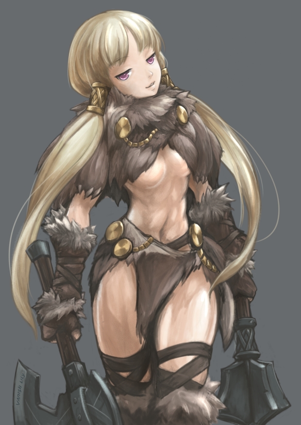 1girl abs barbarian battle_axe blonde_hair boots breasts chovie dual_wielding fantasy fingerless_gloves fur_cape gloves hair_tubes knee_boots loincloth long_hair mace navel no_bra original solo thigh_strap tie_baihe twintails underboob violet_eyes weapon