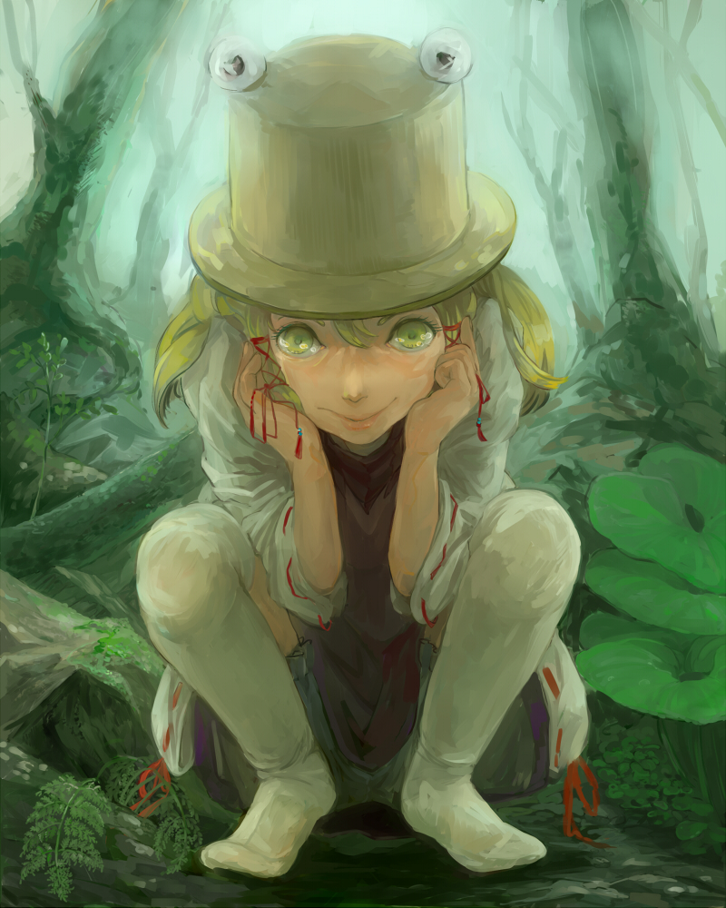 1girl blonde_hair forest hands_on_own_cheeks hands_on_own_face hat kneehighs long_sleeves looking_at_viewer moriya_suwako nature no_shoes realistic short_hair smile solo squatting thighhighs touhou tree tsutsu_uraura yellow_eyes