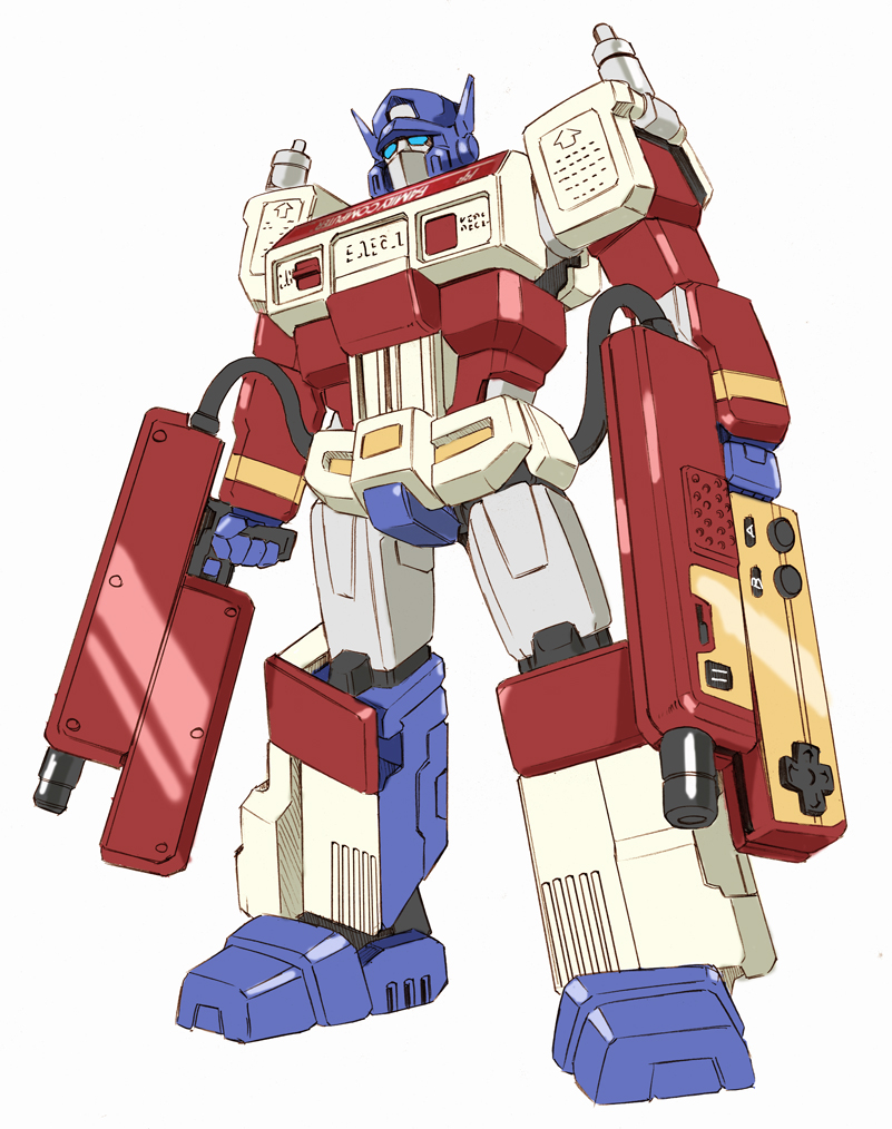 autobot buttons cable cannon console controller crossover energy_gun famicom game_controller gamepad mecha nintendo optimus_prime parody robot science_fiction simple_background solo transformers weapon