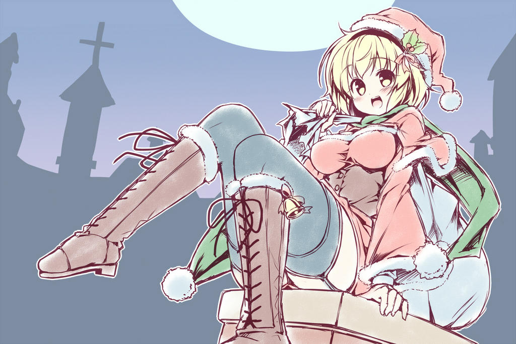 1girl bell black_legwear blonde_hair blush boots breasts cross-laced_footwear garter_straps hairband hat kibushi lace-up_boots large_breasts looking_at_viewer original sack santa_costume santa_hat scarf short_hair sitting smile solo thighhighs yellow_eyes