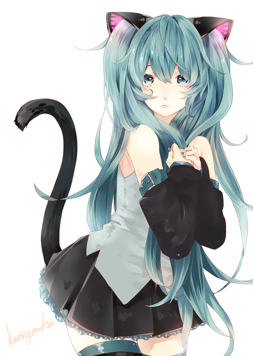 1girl animal_ears cat_ears cat_tail detached_sleeves green_eyes green_hair hands_on_own_chest hatsune_miku highres kuronyanko long_hair looking_at_viewer nail_polish necktie skirt solo tail thighhighs very_long_hair vocaloid white_background