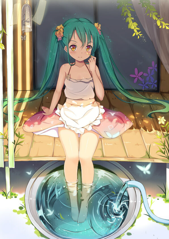 1girl arm_support feet_in_water flower green_hair hatsune_miku hose long_hair sitting skirt soaking_feet solo soulkiller twintails very_long_hair vocaloid water wind_chime yellow_eyes