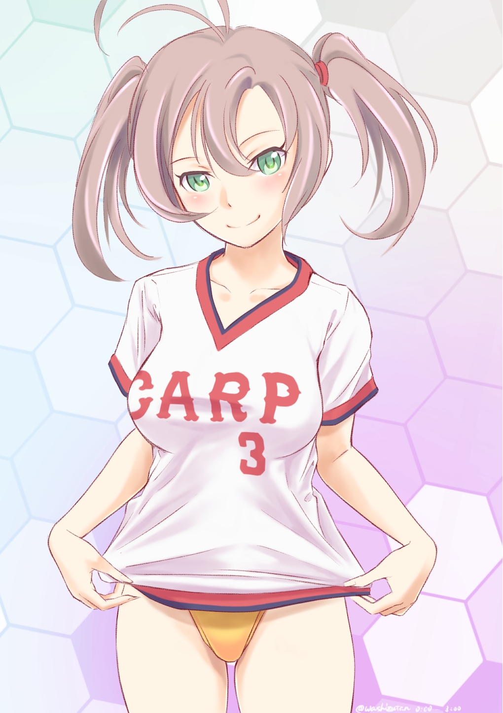 1girl ahoge antenna_hair blush breasts brown_hair green_eyes hex_grid highres kantai_collection kinugasa_(kantai_collection) no_pants orange_panties panties personification short_hair short_twintails smile solo t-shirt twintails underwear wa_(genryusui)