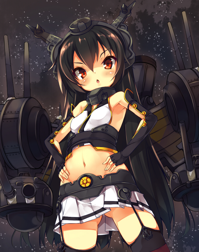 1girl bare_shoulders black_hair blush elbow_gloves fingerless_gloves garter_straps gloves hands_on_hips headgear kantai_collection long_hair looking_at_viewer mayuzaki_yuu mound_of_venus nagato_(kantai_collection) navel open_mouth personification red_eyes skirt small_breasts solo thighhighs young zettai_ryouiki