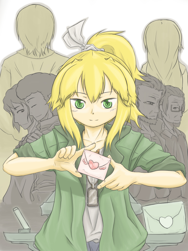 1girl blonde_hair blush comic cover cover_page dog_tags green_eyes iris_(material_sniper) letter love_letter material_sniper ponytail raju scrunchie