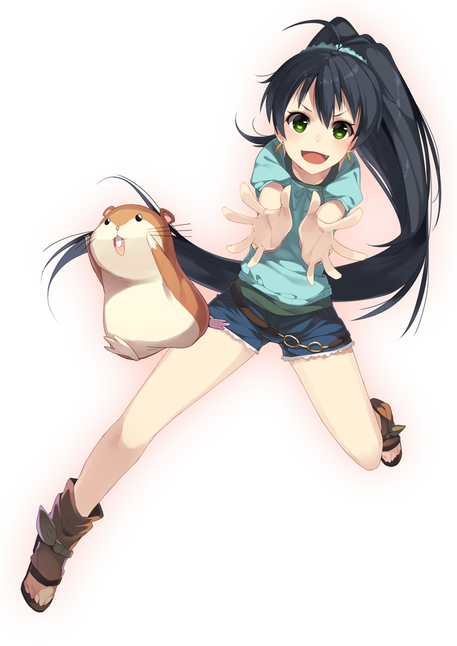1girl 7zu7 blush ganaha_hibiki green_eyes hamster idolmaster long_hair looking_at_viewer open_mouth ponytail simple_background smile solo very_long_hair white_background