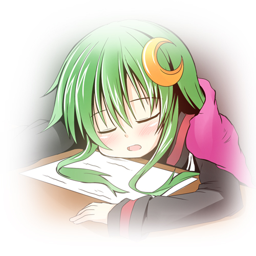 1girl blanket blush bust closed_eyes crescent_hair_ornament desk green_hair hair_ornament ichimi kantai_collection long_hair lowres nagatsuki_(kantai_collection) open_mouth payot personification sleeping solo
