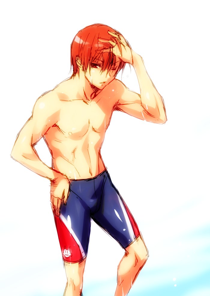 1boy brown_hair hand_on_own_head jammers little_busters!! natsume_kyousuke nipples red_eyes shirtless short_hair solo wet zen