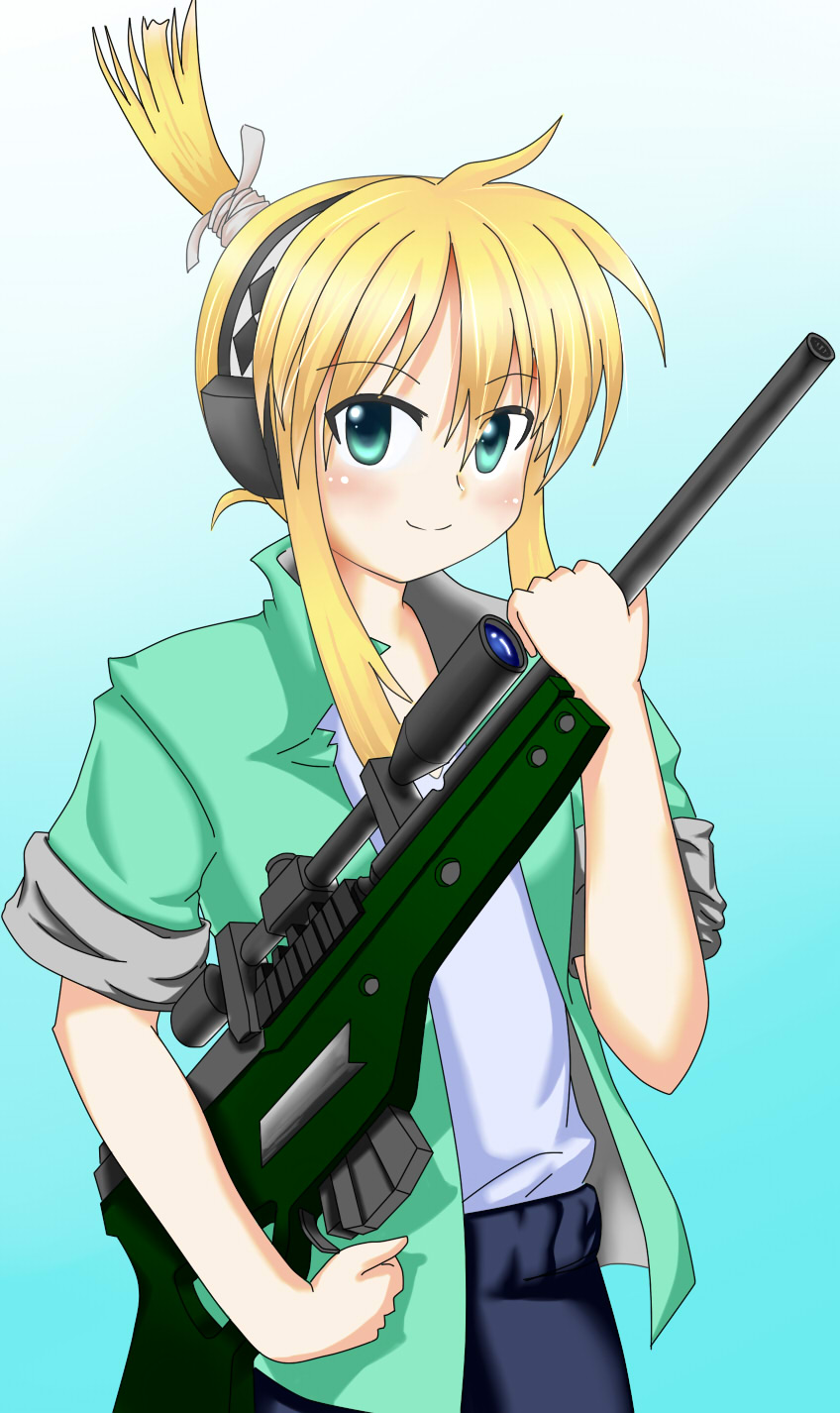 1girl blonde_hair green_eyes gun highres iris_(material_sniper) material_sniper ponytail reyzin rifle scope scrunchie sleeves_rolled_up smile sniper_rifle solo weapon
