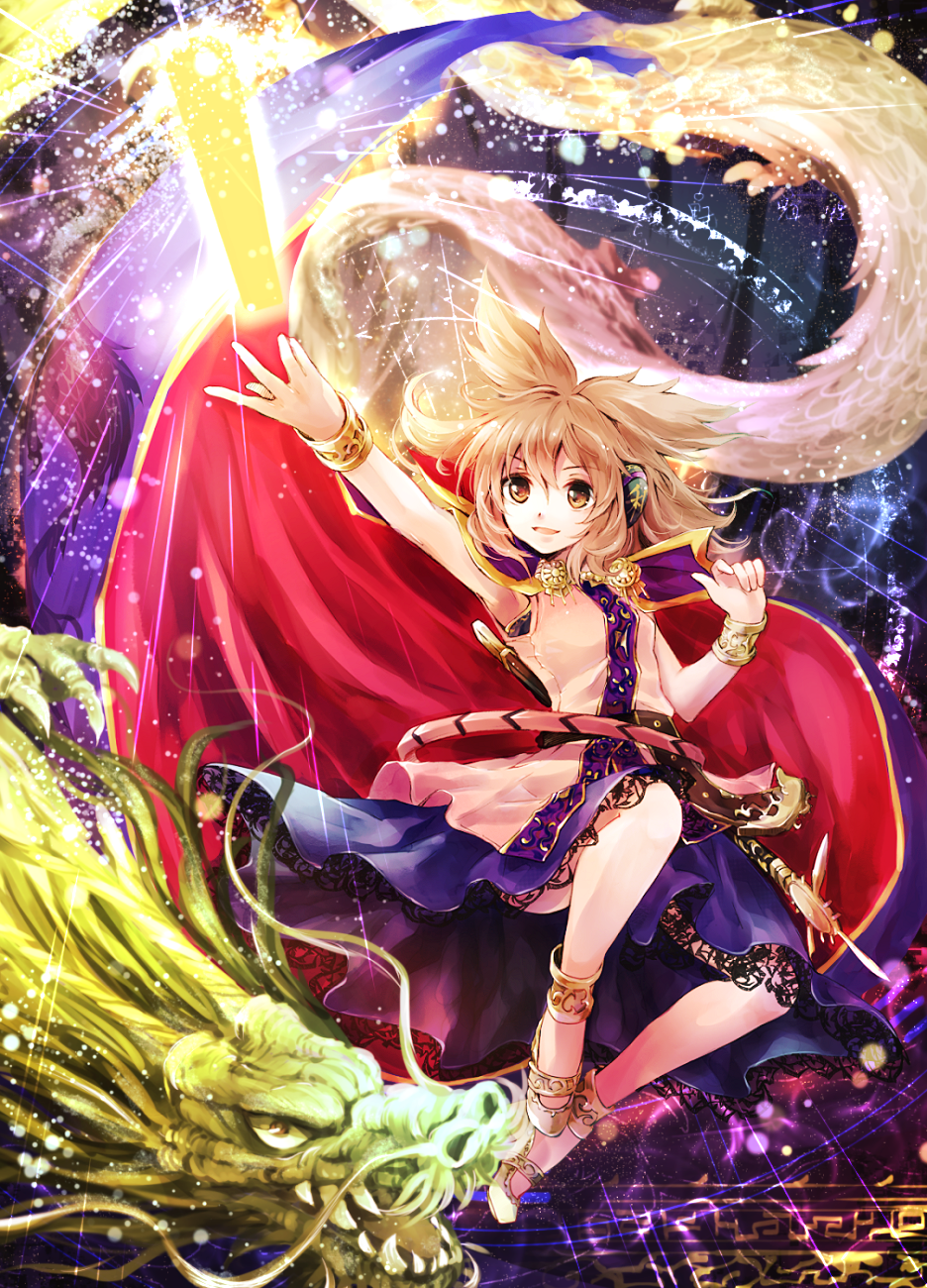 1girl anklet armpits bare_arms belt blonde_hair bracelet cape dragon glowing glowing_weapon headphones highres jewelry makuwauri open_mouth outstretched_arm outstretched_hand ritual_baton skirt sleeveless sleeveless_shirt smile solo sword touhou toyosatomimi_no_miko weapon yellow_eyes