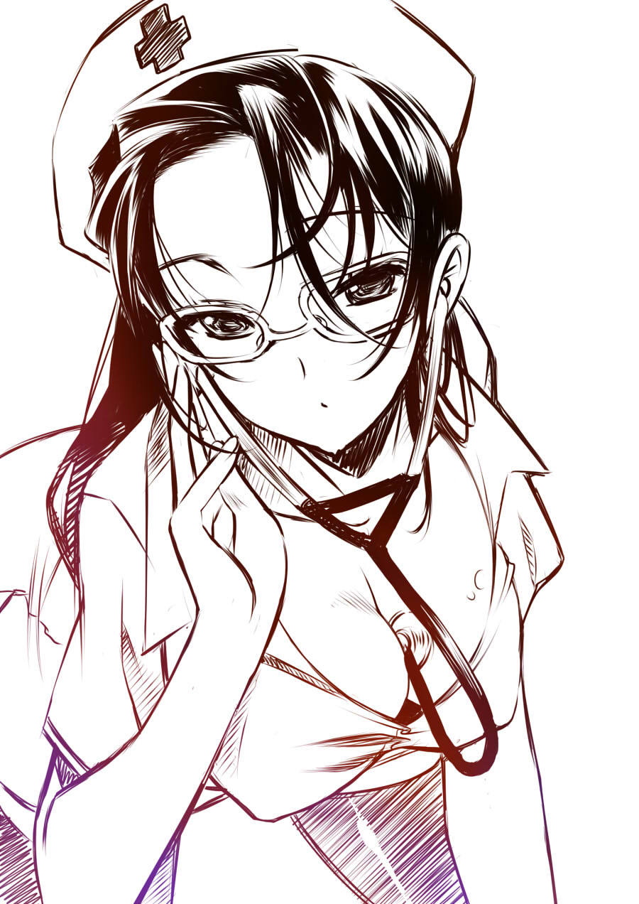 1girl between_breasts breasts cleavage glasses hat highres kagari_ayaka large_breasts monochrome nurse nurse_cap senomoto_hisashi solo stethoscope witch_craft_works