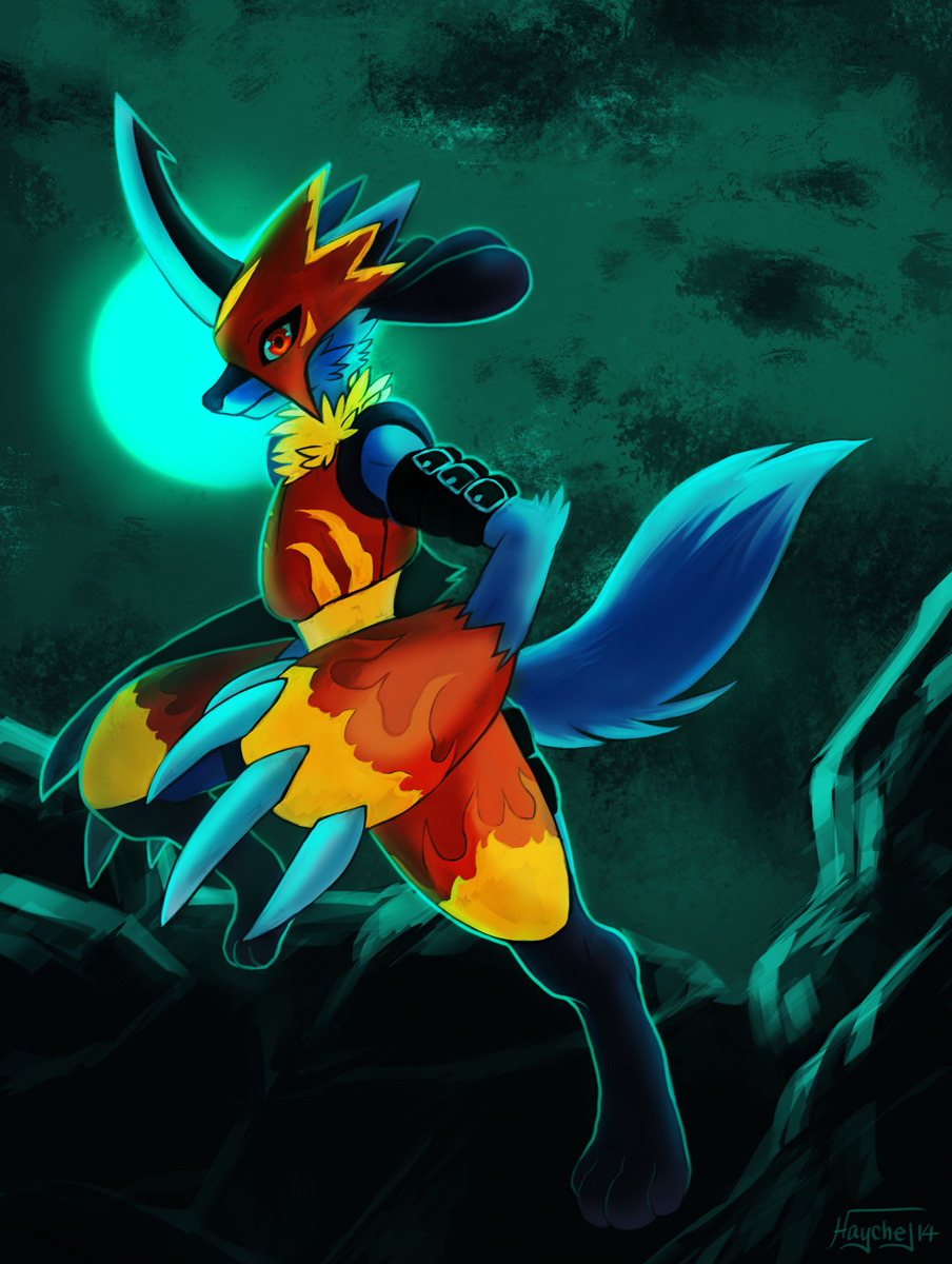 2014 armor artist_name buckle character_name claws digimon digimon_adventure_02 flamedramon full_body full_moon fur fusion glowing haychel highres horn lucario moon moonlight night paws pokemon pokemon_(creature) signature solo standing_on_one_leg tail