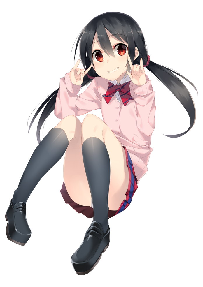 1girl 7zu7 \n/ black_hair bow grin looking_at_viewer love_live!_school_idol_project panty_peek red_eyes simple_background skirt smile solo twintails white_background yazawa_nico
