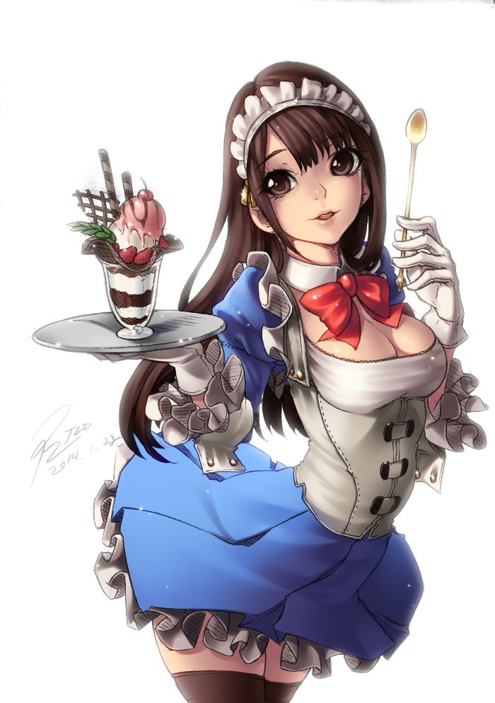 1girl bow breasts brown_eyes brown_hair choker cleavage game00985 glass gloves large_breasts long_hair maid_headdress original parfait skirt solo spoon thighhighs tray waitress zettai_ryouiki