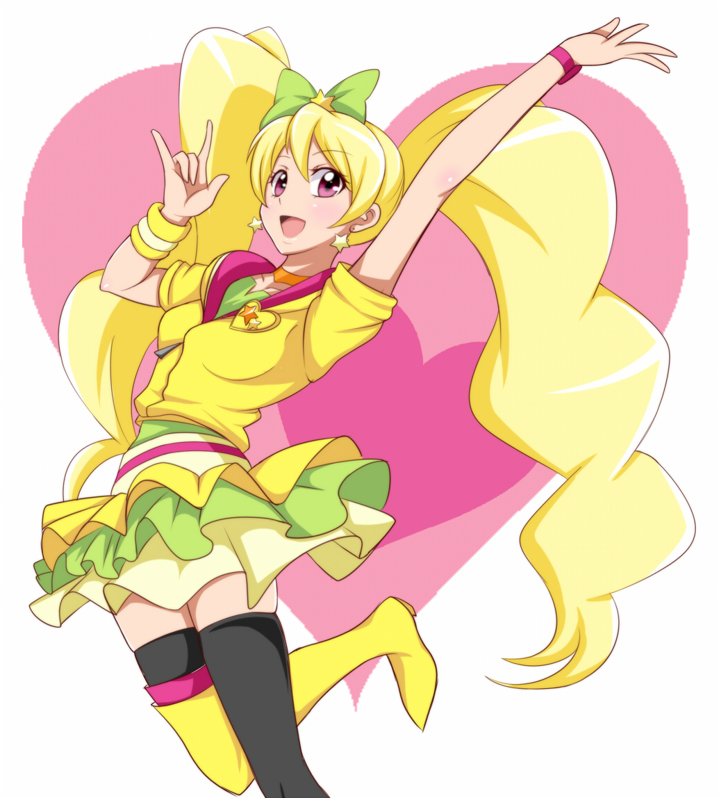 1girl blonde_hair boots cosplay crossover cure_lovely cure_lovely_(cosplay) cure_peach earrings eyelashes fresh_precure! hair_ornament hair_ribbon happinesscharge_precure! happy heart heart_background jabara921 jewelry jumping lollipop_hip_hop long_hair looking_at_viewer magical_girl momozono_love open_mouth pink_eyes precure pullover ribbon shirt skirt smile solo tagme thigh_boots thighhighs thighs trait_connection twintails white_background wrist_cuffs zettai_ryouiki