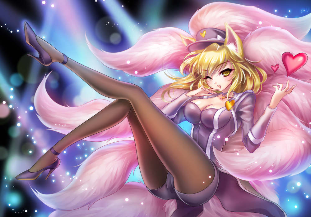 1girl ;d ahri animal_ears black_legwear blonde_hair breasts choker cleavage hat heart high_heels large_breasts league_of_legends leg_up looking_at_viewer multiple_tails open_mouth pantyhose s-yin sitting smile solo tail wink yellow_eyes