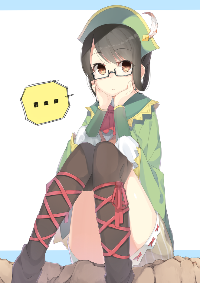 ... 1girl 7zu7 glasses hat looking_at_viewer monster_hunter_4 simple_background solo thighhighs white_background