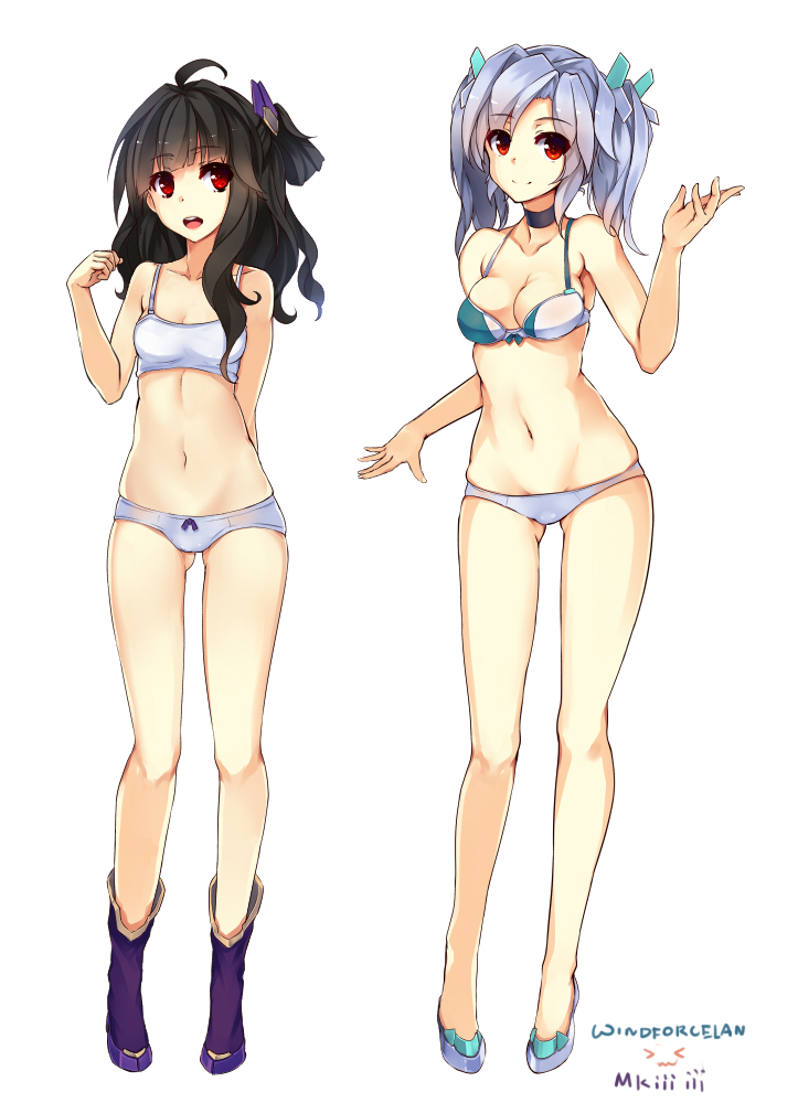 2girls 33_(chuanxcc) :d ahoge black_hair boots bow bow_panties bra breasts choker cleavage collaboration full_body multiple_girls navel one_side_up open_mouth original panties petite red_eyes silver_hair simple_background skindentation smile standing twintails underwear underwear_only white_background white_bra white_panties windforcelan