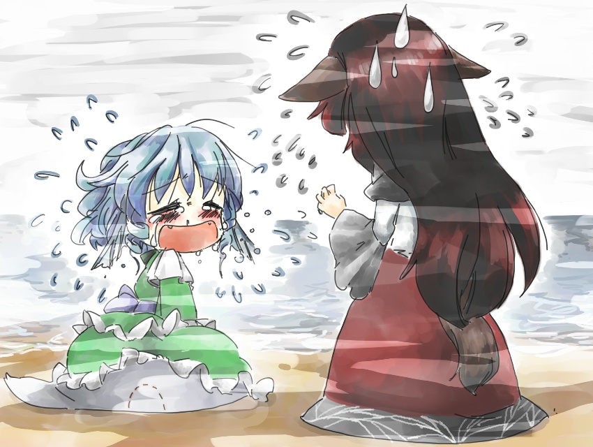 2girls animal_ears bite_mark blue_hair blush cink-knic closed_eyes commentary_request crying ears_down flying_sweatdrops head_fins imaizumi_kagerou japanese_clothes kimono long_hair long_sleeves mermaid monster_girl multiple_girls obi open_mouth sash shirt skirt sweat tail touhou very_long_hair wakasagihime wide_sleeves wolf_ears wolf_tail