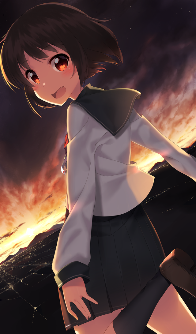 1girl 7zu7 blush from_behind looking_at_viewer looking_back open_mouth original short_hair skirt smile solo sunset