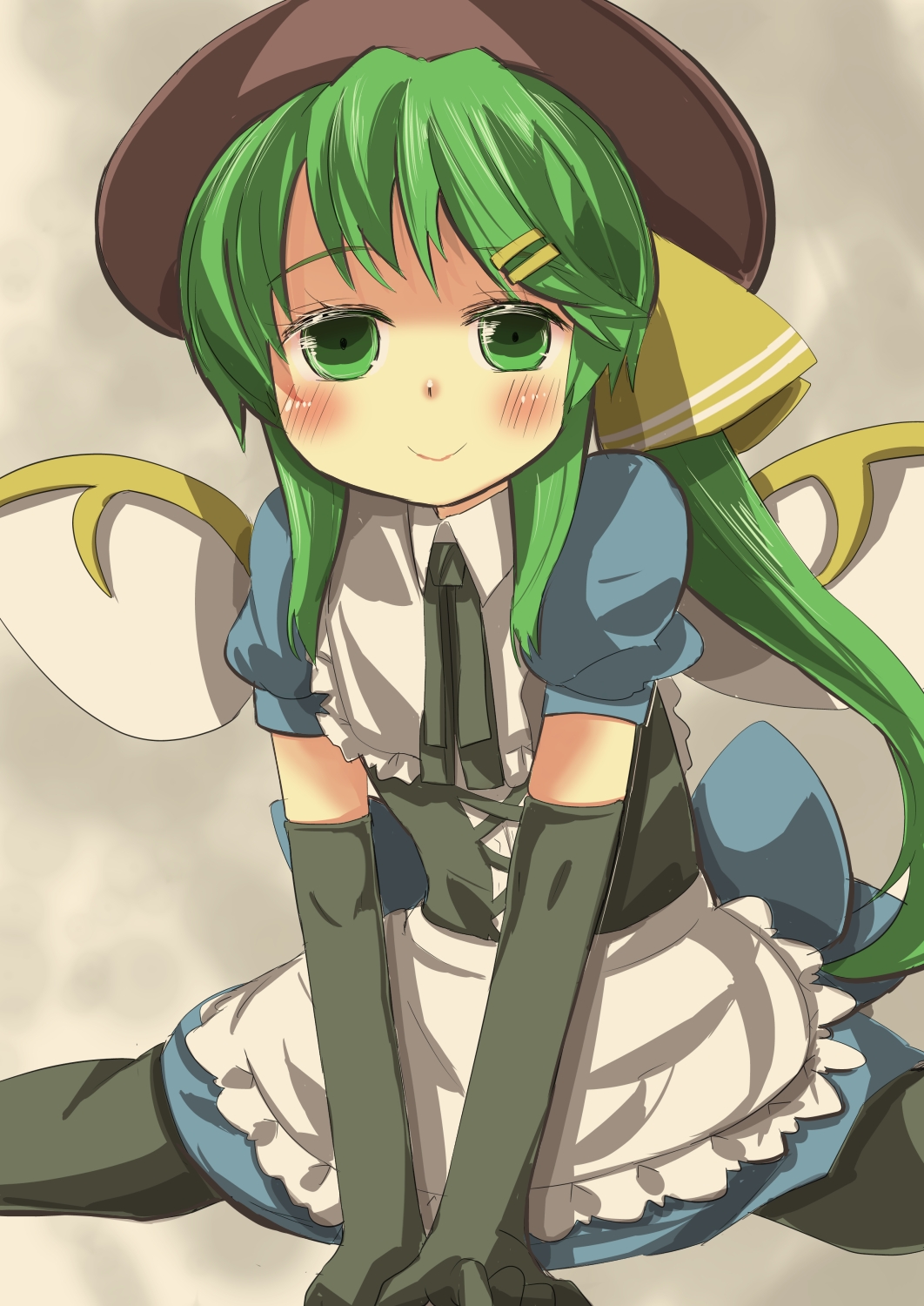 1girl adapted_costume blush bow daiyousei elbow_gloves fairy_wings gaoo_(frpjx283) gloves gothic_lolita green_eyes green_hair hair_bow hair_ornament hairpin hat highres lolita_fashion long_hair pantyhose side_ponytail solo touhou wings