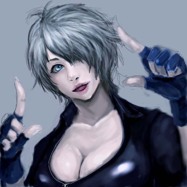 1girl angel_(kof) blue_eyes breasts bust cleavage foolish_human hair_over_one_eye king_of_fighters large_breasts lips nose pose realistic short_hair silver_hair