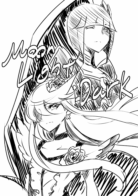 2girls character_name choker cure_moonlight dark_precure dress earrings english eyelashes flower gacchahero hair_flower hair_ornament heartcatch_precure! jewelry long_hair looking_at_viewer magical_girl monochrome multiple_girls precure serious short_hair simple_background sketch tsukikage_yuri white_background wink
