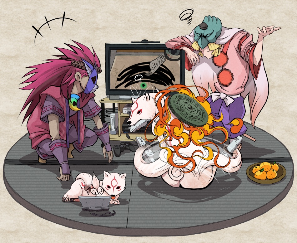 2boys amaterasu bowing chibiterasu full_body long_hair mask multiple_boys oki_(ookami) ookami_(game) squatting television tsukumo ushiwakamaru very_long_hair wii wolf