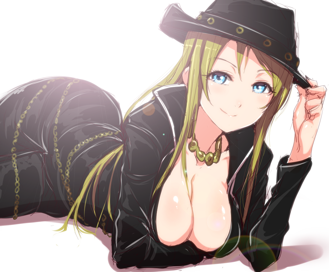 1girl ayase_eli blonde_hair blue_eyes breasts chain clearite gold_chain hat jewelry large_breasts looking_at_viewer love_live!_school_idol_project necklace smile solo