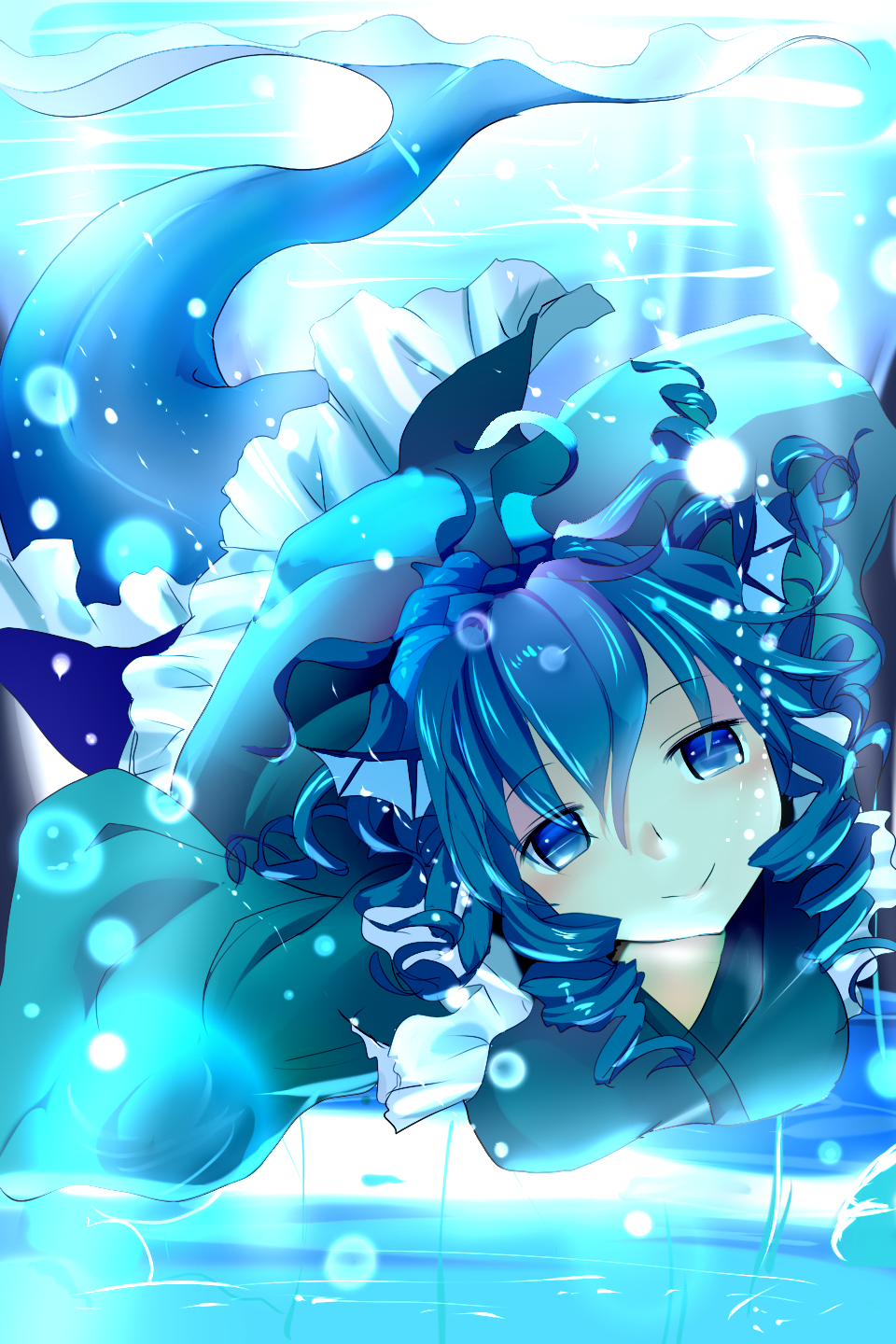 1girl blue_eyes blue_hair bubble head_fins highres ishikkoro japanese_clothes kimono looking_at_viewer mermaid monster_girl obi sash smile solo touhou underwater wakasagihime