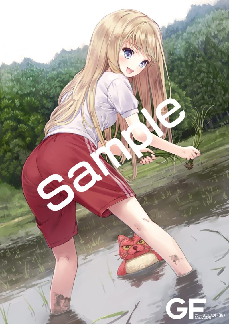 1girl bent_over blonde_hair blue_eyes chloe_lemaire copyright_name dirty dirty_feet dutch_angle forest from_behind girlfriend_(kari) gym_shorts gym_uniform kishida_mel leaning_forward long_hair looking_at_viewer looking_back nature official_art open_mouth partially_submerged reflection rice_paddy rice_planting sample sky smile solo standing wading water watermark