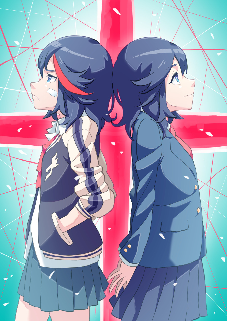 2girls blue_eyes blue_hair dual_persona frown highres kill_la_kill matoi_ryuuko multicolored_hair multiple_girls red_hair school_uniform short_hair skirt