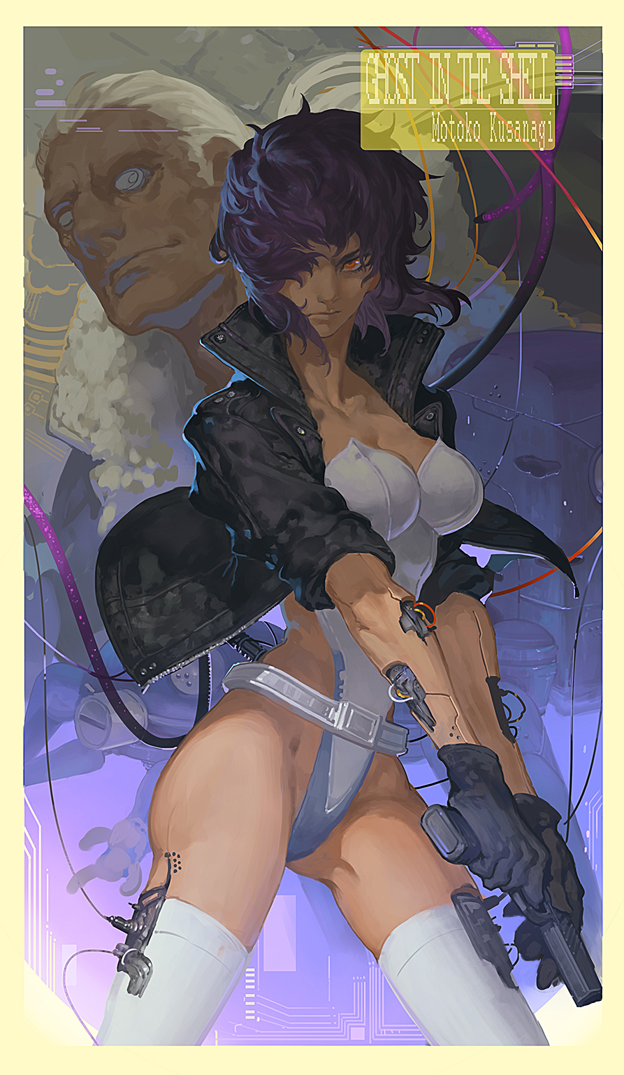 batou circuit_board cyborg ghost_in_the_shell ghost_in_the_shell_stand_alone_complex gloves gun hair_over_one_eye highres jacket kusanagi_motoko leotard purple_hair red_eyes tachikoma thighhighs tube weapon wire