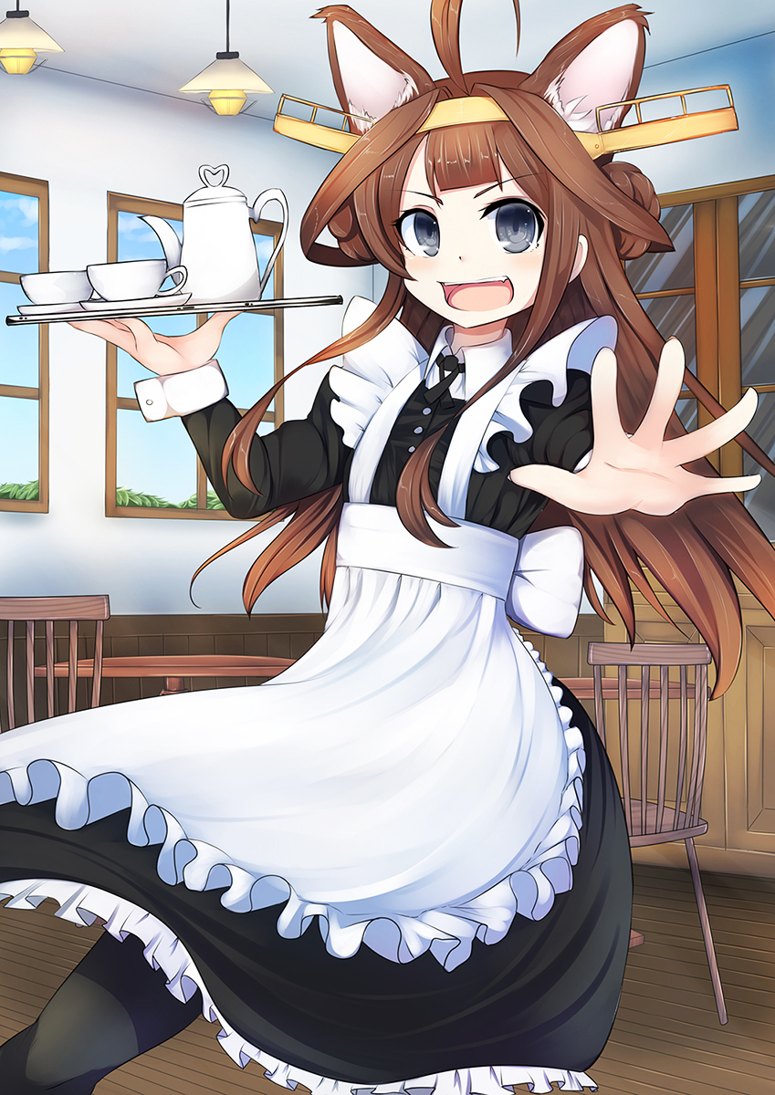 1girl ahoge alternate_costume animal_ears apron blue_eyes brown_hair chair cup enmaided hairband highres kantai_collection kongou_(kantai_collection) long_hair maid open_mouth pantyhose personification platter smile solo table teacup teapot tenken_(gotannda)