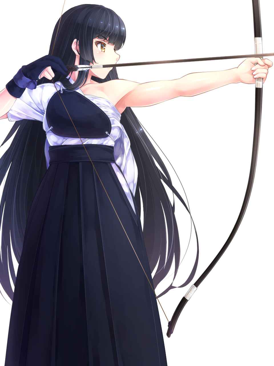 1girl archery arrow black_hair bow_(weapon) brown_eyes collarbone hakama highres hime_cut japanese_clothes komitsu kyuudou long_hair muneate off_shoulder shiritsu_momojiri_gakuen_seitokai! simple_background single_glove solo standing very_long_hair weapon white_background yugake