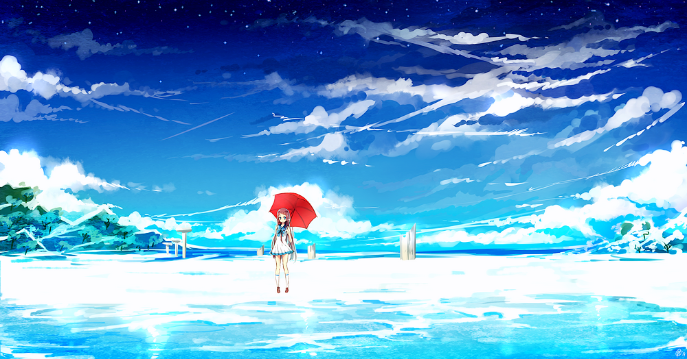 1girl brown_hair long_hair mukaido_manaka nagi_no_asukara sailor_dress scenery school_uniform serafuku standing umbrella yennineii