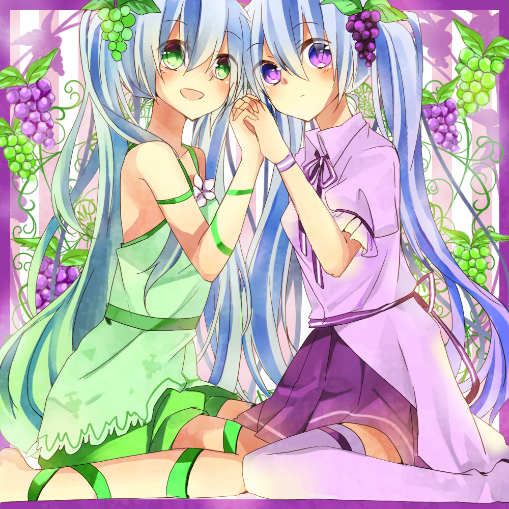 2girls blue_hair food food_as_clothes food_themed_clothes fruit grapes green_eyes hatsune_miku interlocked_fingers long_hair multiple_girls sitting thigh-highs twintails very_long_hair violet_eyes vocaloid yuruno