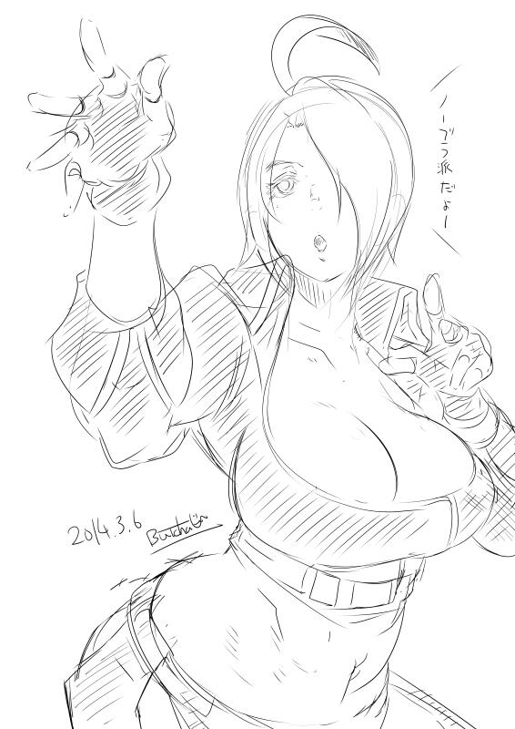 1girl ahoge angel_(kof) breasts cropped_jacket dated eroquis fingerless_gloves gloves hair_over_one_eye king_of_fighters large_breasts midriff sketch solo