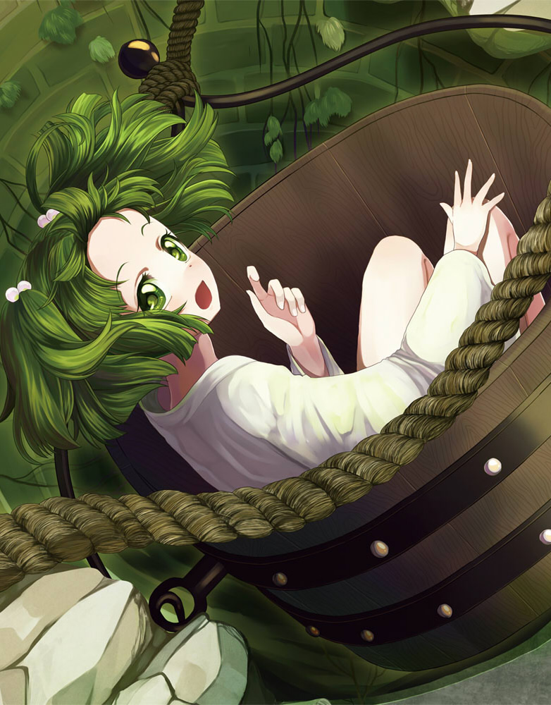 1girl bucket green_eyes green_hair hair_bobbles hair_ornament in_bucket in_container kisume marblewars open_mouth rope short_hair touhou twintails well