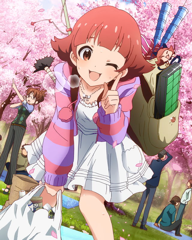 2girls ;d akizuki_ritsuko artist_request backpack bag brown_eyes brown_hair cherry_blossoms grocery_bag hoodie idolmaster idolmaster_million_live! index_finger_raised jacket looking_at_viewer multiple_girls nonohara_akane official_art open_mouth petals plastic_bag shopping_bag short_hair smile solo_focus striped_hoodie sweater_vest tagme wink