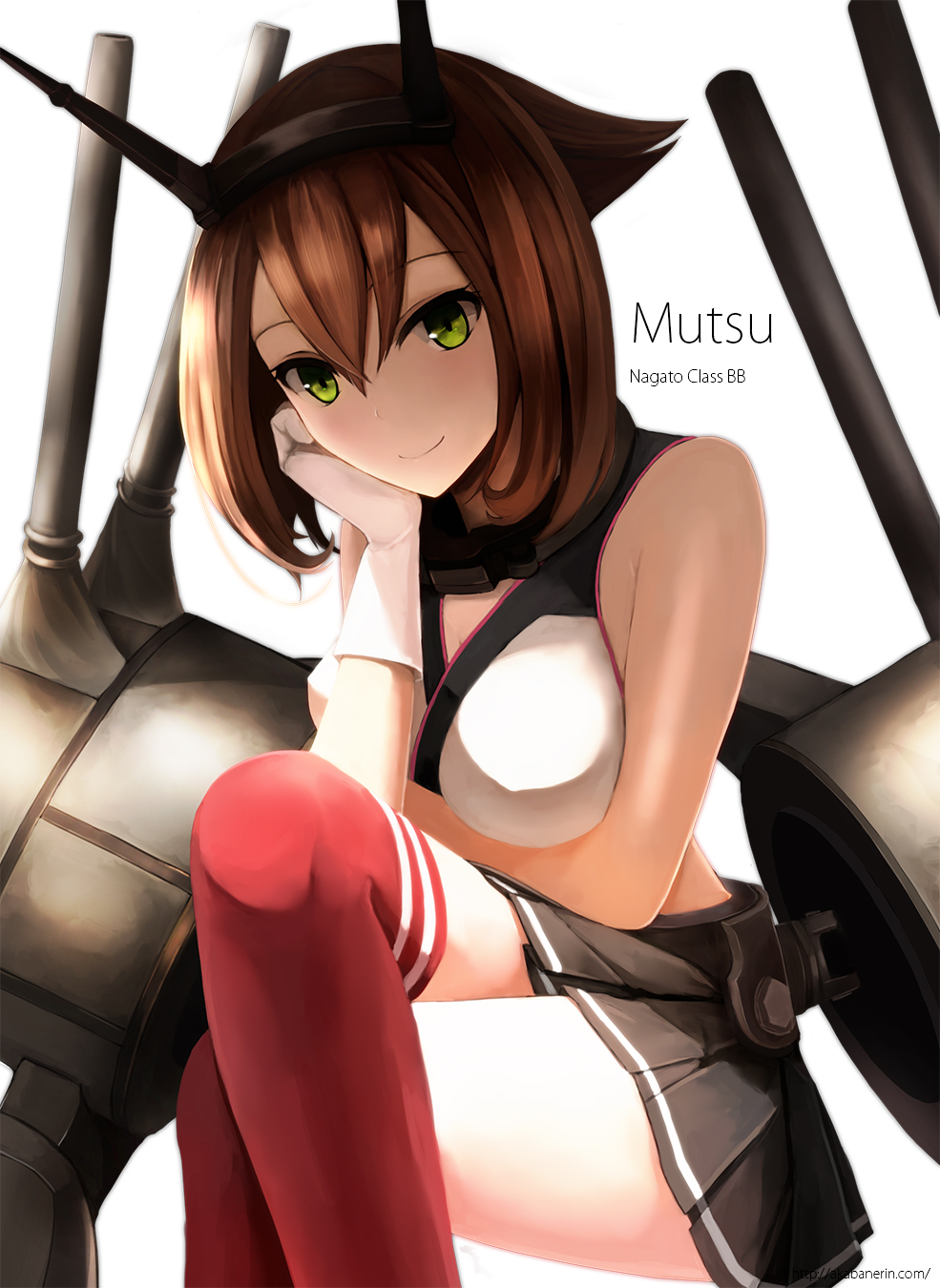 1girl akabane_rin breasts brown_hair character_name gloves green_eyes hand_on_own_cheek headgear highres kantai_collection looking_at_viewer midriff mutsu_(kantai_collection) personification short_hair skirt smile smile_summer_again solo white_background